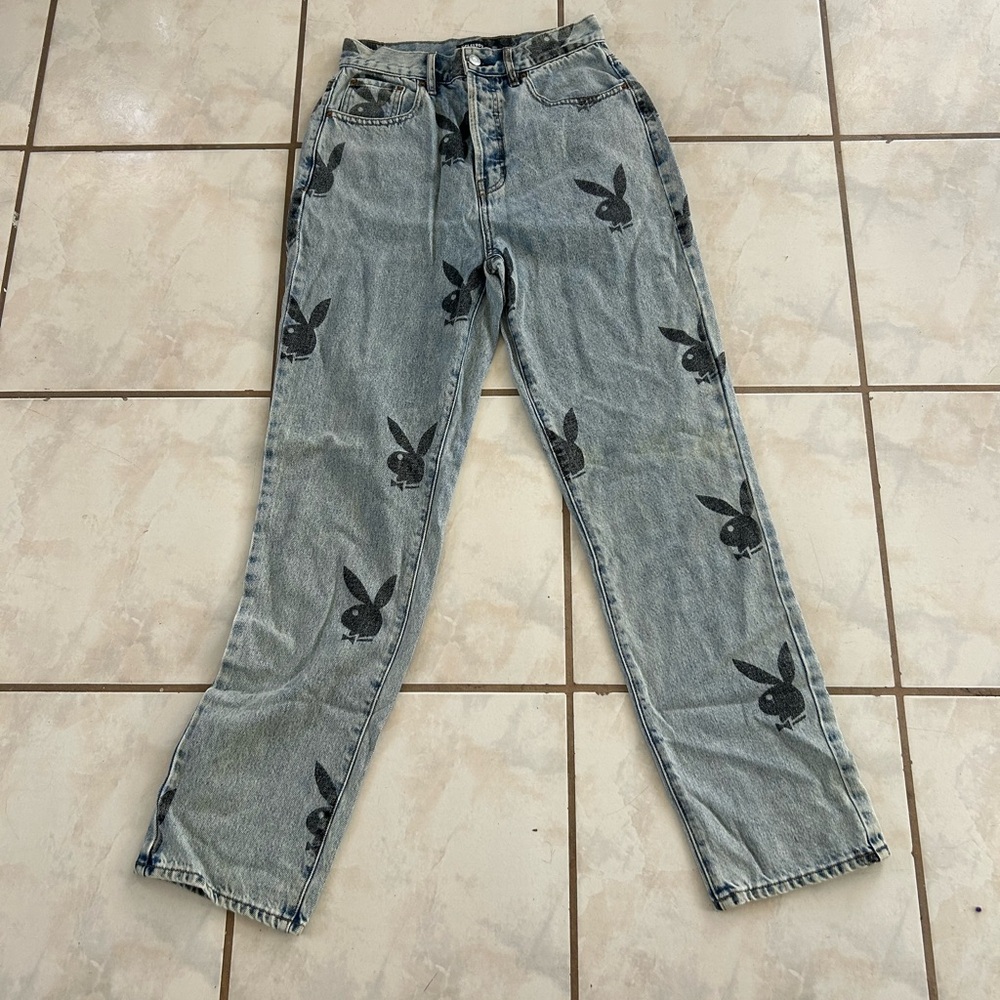 PLAYBOY Light Gray Denim Straight-Leg Jeans with Black Bunny Motif